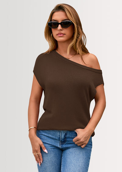 PRETTYGARDEN Womens Off The Shoulder Tops Summer Casual Short Sleeve Tunic T Shirts Lightweight Knit Sweaters
