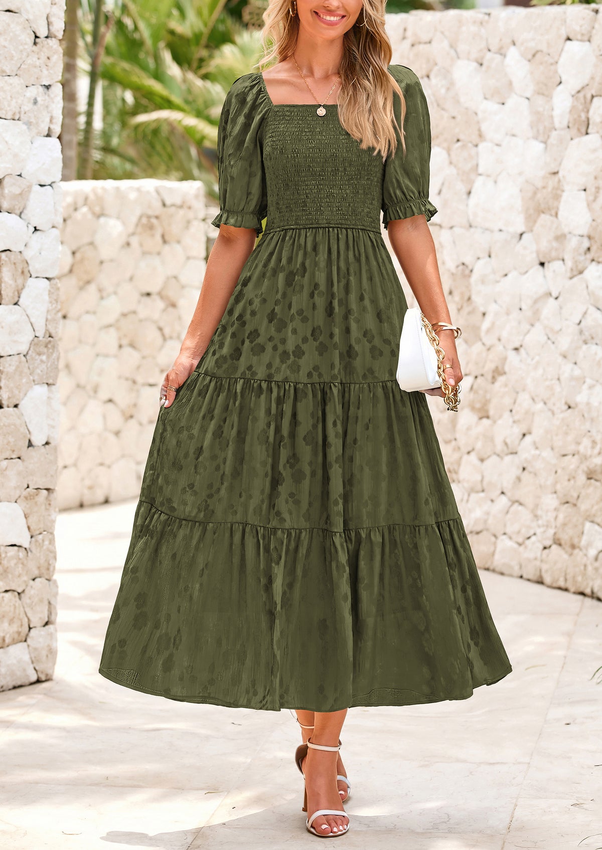 Casual Square Neck Short Sleeve Smocked A Line Floral Flowy Elegant Boho Midi Dresses