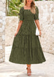 Casual Square Neck Short Sleeve Smocked A Line Floral Flowy Elegant Boho Midi Dresses