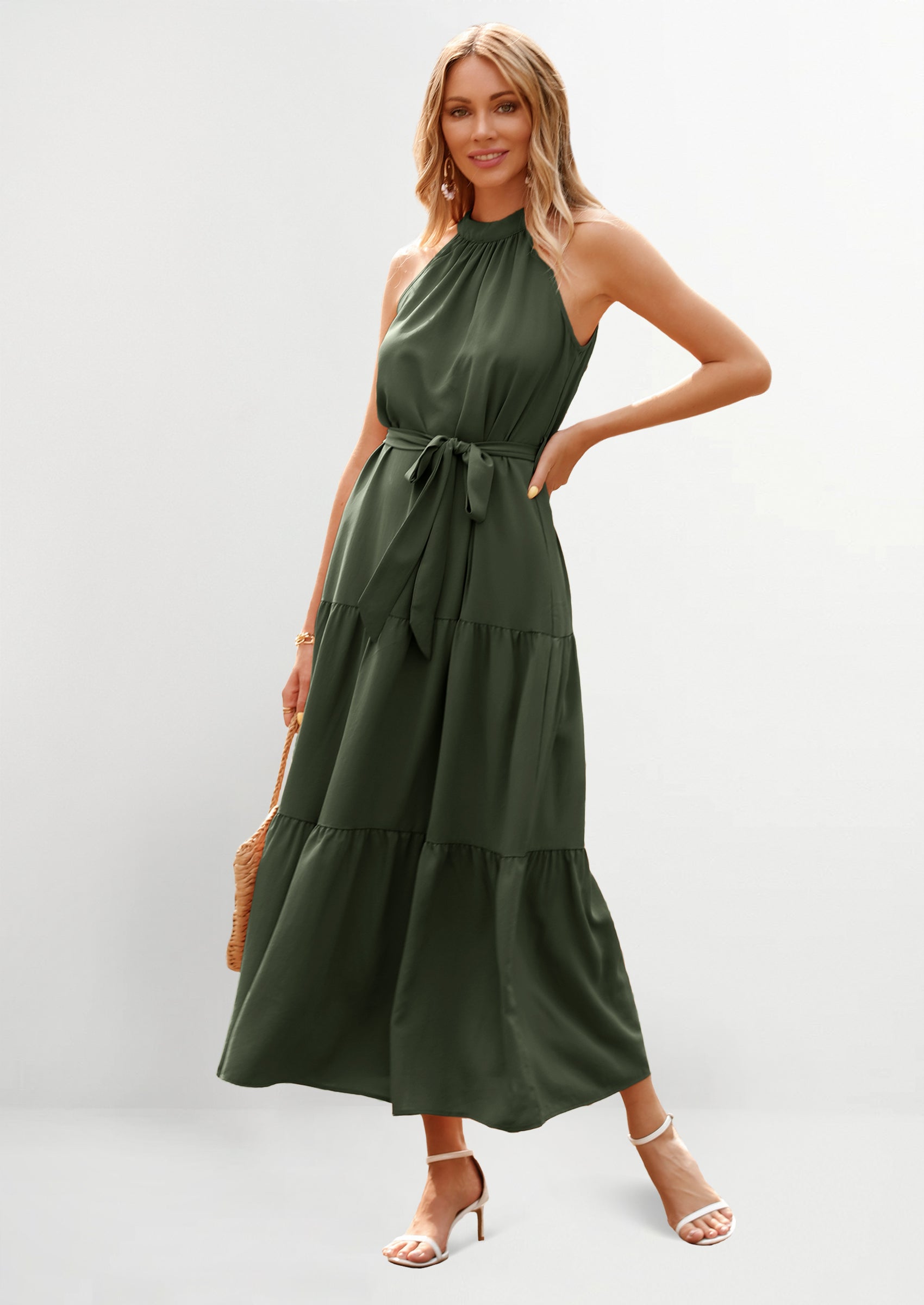 PRETTYGARDEN Women's Summer Floral Maxi Sun Dress Sleeveless Halter Neck Flowy Ruffle Hem Long Boho Dresses with Belt