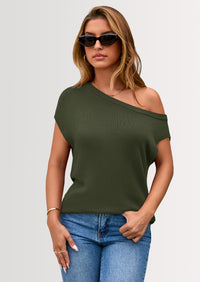 PRETTYGARDEN Womens Off The Shoulder Tops Summer Casual Short Sleeve Tunic T Shirts Lightweight Knit Sweaters