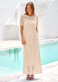 PRETTYGARDEN Womens Eyelet Cover Up Dress Summer Vacation Resort Maxi Dresses Beach Short Sleeve Hollow Out Sundress