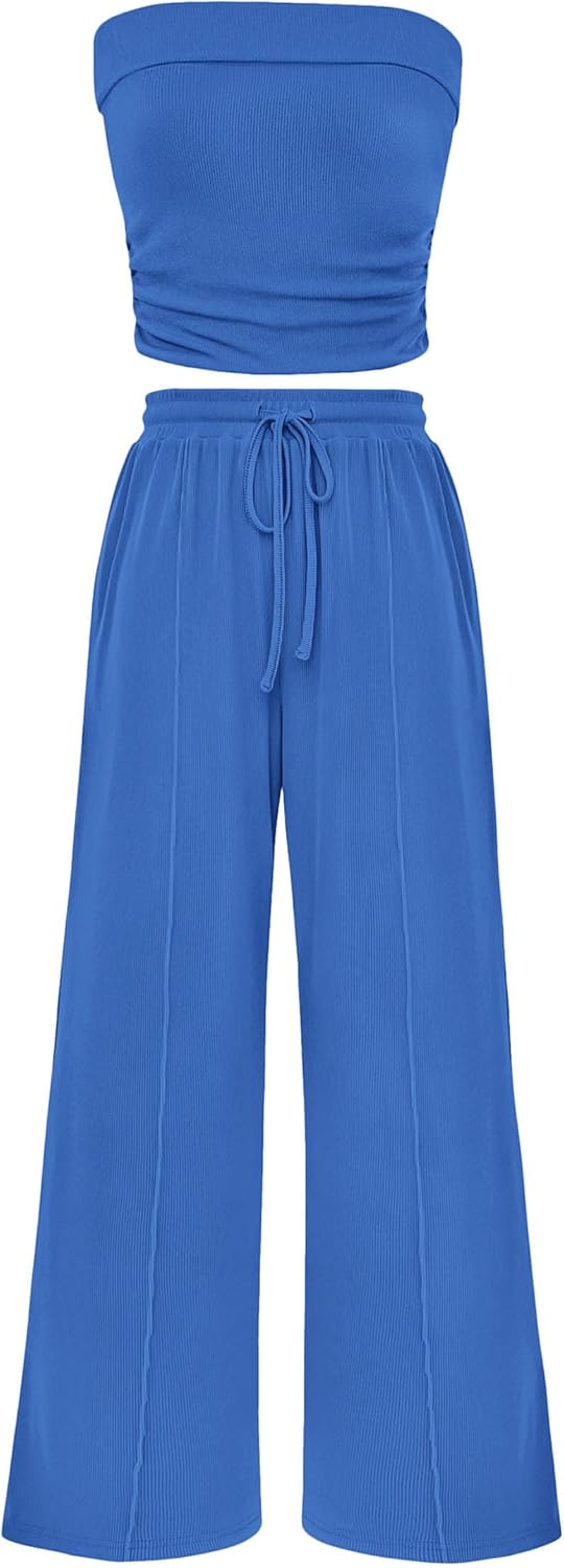 Casual Ribbed Knit Crop Tube Top Wide Leg Pants Two Piece Sets