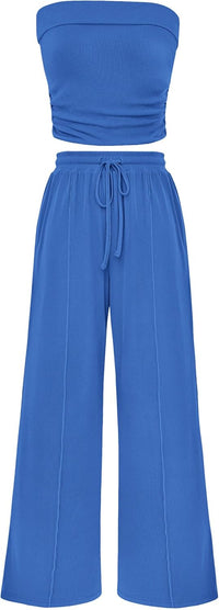 Casual Ribbed Knit Crop Tube Top Wide Leg Pants Two Piece Sets