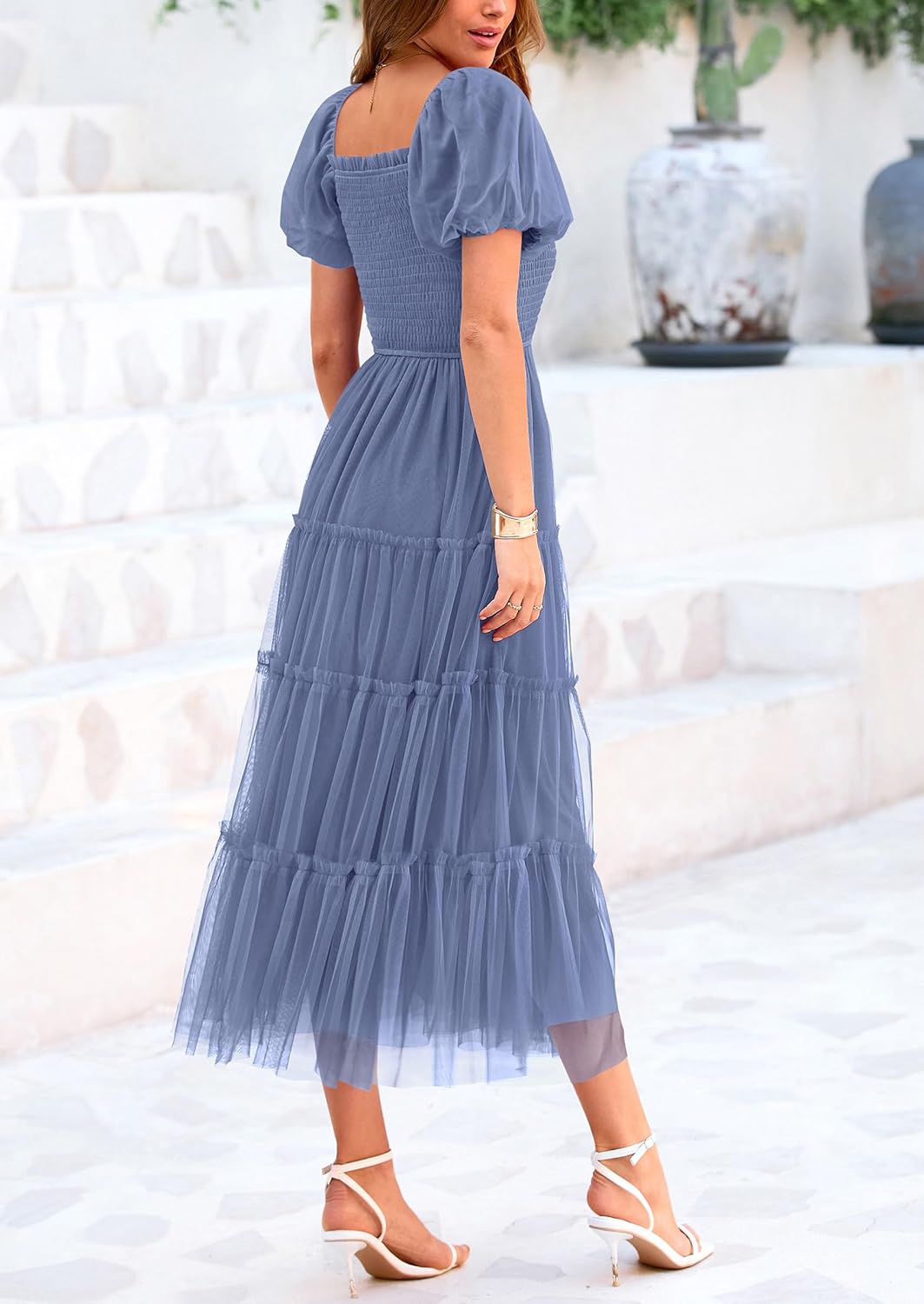 Smocked Tulle Puffy Short Sleeve Square Neck Ruffle Midi Dresses