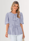 PRETTYGARDEN Women's Tie Front Striped Shirt Summer Trendy Fashion Cute Babydoll Tops Peplum Puffy Sleeve Blouse