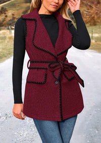 Tweed Sleeveless Lapel Button Front Belt Color Block Vest Jackets