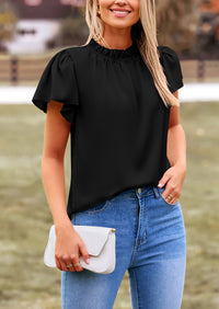 Satin Dressy Casual Ruffle Short Sleeve Crew Neck Work Party Blouses