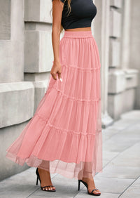 PRETTYGARDEN Maxi Skirts for Women Fall Tulle High Waisted Ruffle Flowy A-Line Long Skirt Country Concert Outfits