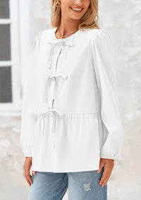 Babydoll Peplum Puff Long Sleeve Bow Tie Front Y2K Blouses