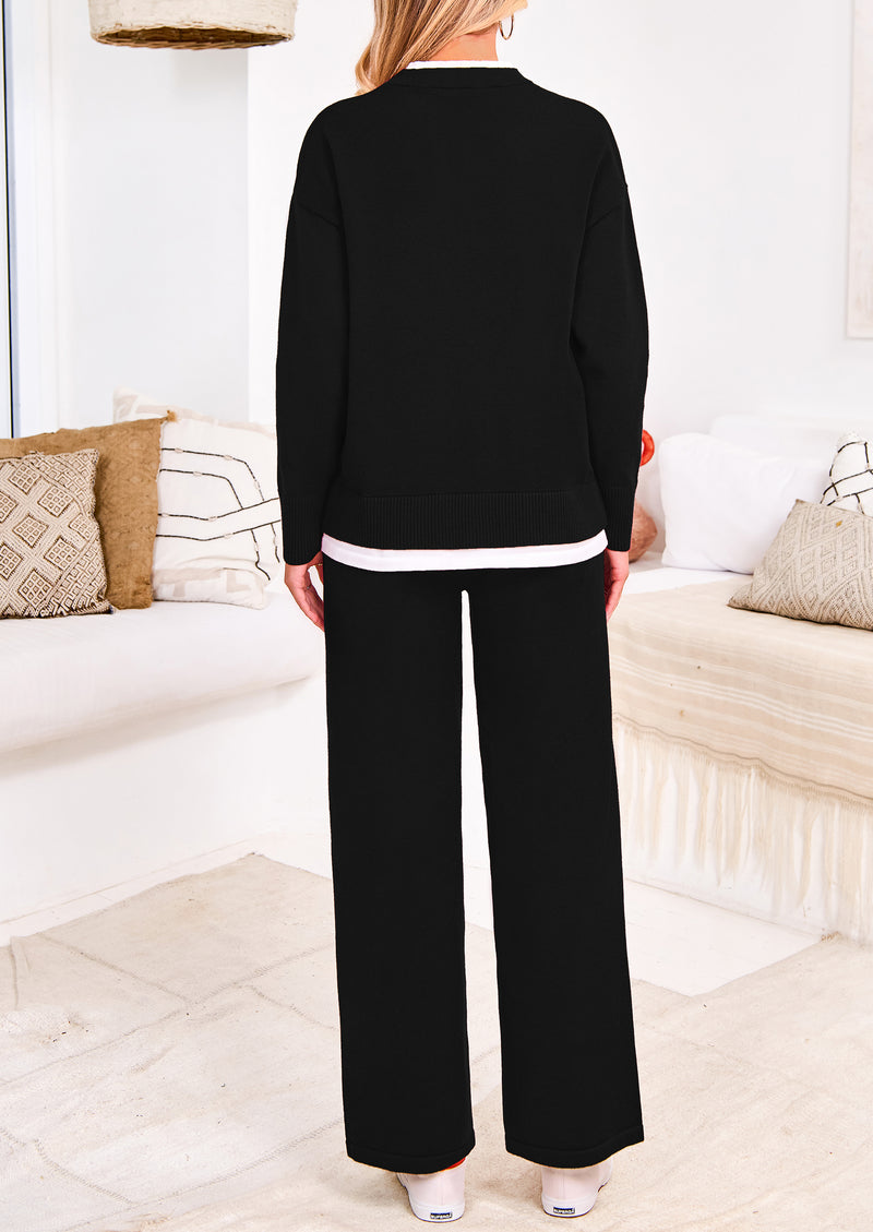 PRETTYGARDEN Two Piece Matching Sweater Lounge Sets Knit Long Sleeve Pullover Tops Wide Leg Pants