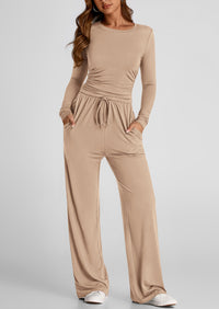 Long Sleeve Crop Tee Wide Leg Pants Two Piece Sets