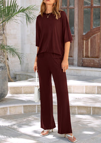 Short Sleeve Pullover Tops And Wide Leg Pants Two Piece Sets