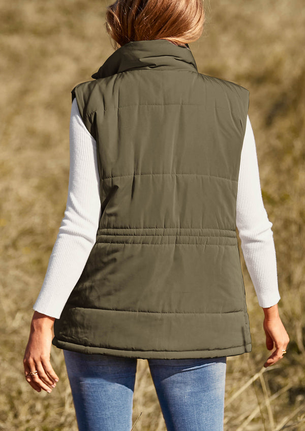 Casual Button Zipper Vest, Drawstring Sleeveless Jacket