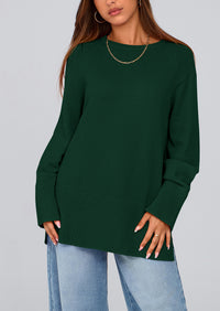Knit Long Sleeve Crew Neck Split Hem Loose Oversized Tunic Sweaters
