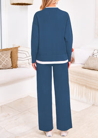 PRETTYGARDEN Two Piece Matching Sweater Lounge Sets Knit Long Sleeve Pullover Tops Wide Leg Pants