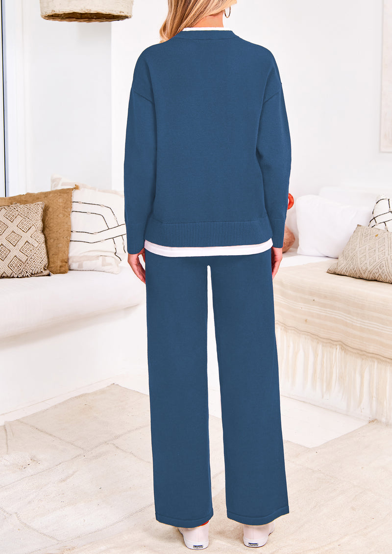PRETTYGARDEN Two Piece Matching Sweater Lounge Sets Knit Long Sleeve Pullover Tops Wide Leg Pants