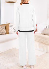 PRETTYGARDEN Two Piece Matching Sweater Lounge Sets Knit Long Sleeve Pullover Tops Wide Leg Pants