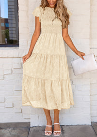 Floral  Summer Cap Sleeve Smocked Ruffle A Line Long Flowy Wedding Guest Midi Dresses