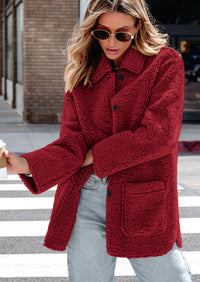 Long Sleeve Lapel Button Down Pockets Fleece Faux Fur Coats