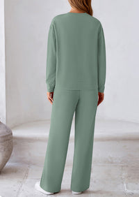 Casual Long Sleeve Pullover Tops and Wide Leg Pants Knitted Two Piece Sets