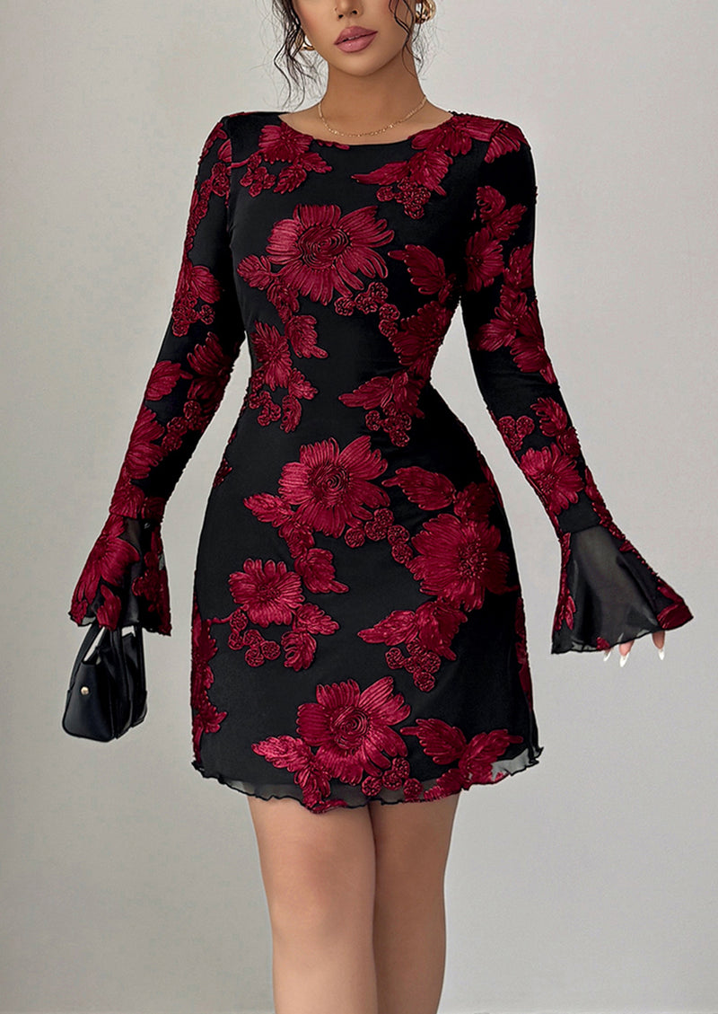 PRETTYGARDEN Women's Floral Embroidered Dress Fall Long Bell Sleeve Ribbon Flower Mini Short Mesh Bodycon Party Dresses