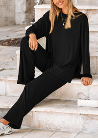 Long Sleeve High Low Tops T-Shirts Wide Leg Pants Two Piece Sets