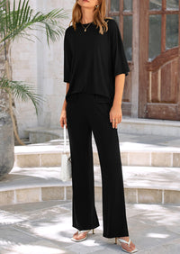 Casual Slit Short Sleeved Top, Loose Wide Leg Pants Two-Piece Set