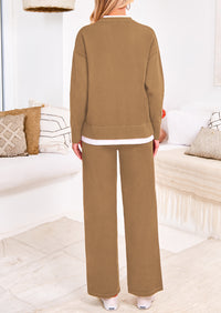 PRETTYGARDEN Two Piece Matching Sweater Lounge Sets Knit Long Sleeve Pullover Tops Wide Leg Pants