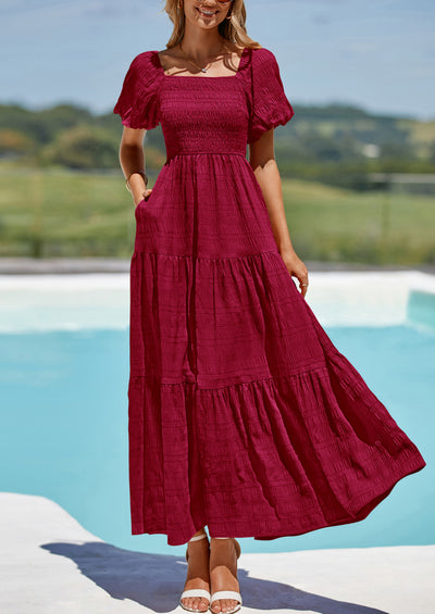 PRETTYGARDEN Womens Summer Smocked Tiered Ruffle A Line Beach Maxi Dresses