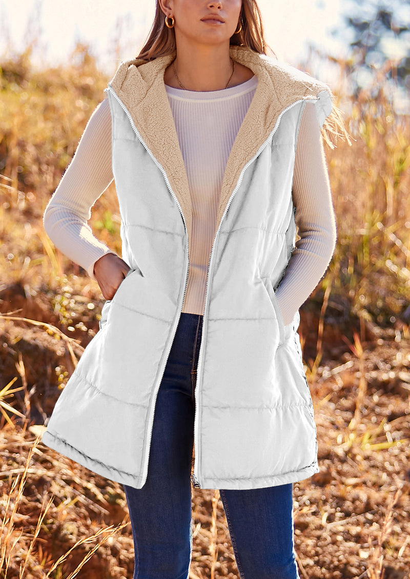 PRETTYGARDEN Womens Fall Reversible Vests Sleeveless Fleece Jacket Zip Up Hoodie Pockets Long Warm Winter Coat Outerwear