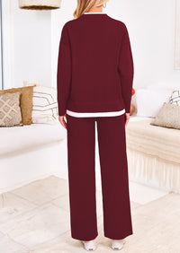 PRETTYGARDEN Two Piece Matching Sweater Lounge Sets Knit Long Sleeve Pullover Tops Wide Leg Pants