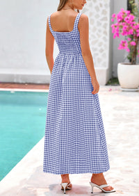 Spaghetti Strap  Plaid Square Neck A Line Smocked Casual Vacation Maxi Dresses