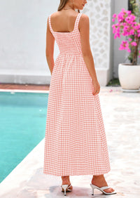 Spaghetti Strap  Plaid Square Neck A Line Smocked Casual Vacation Maxi Dresses