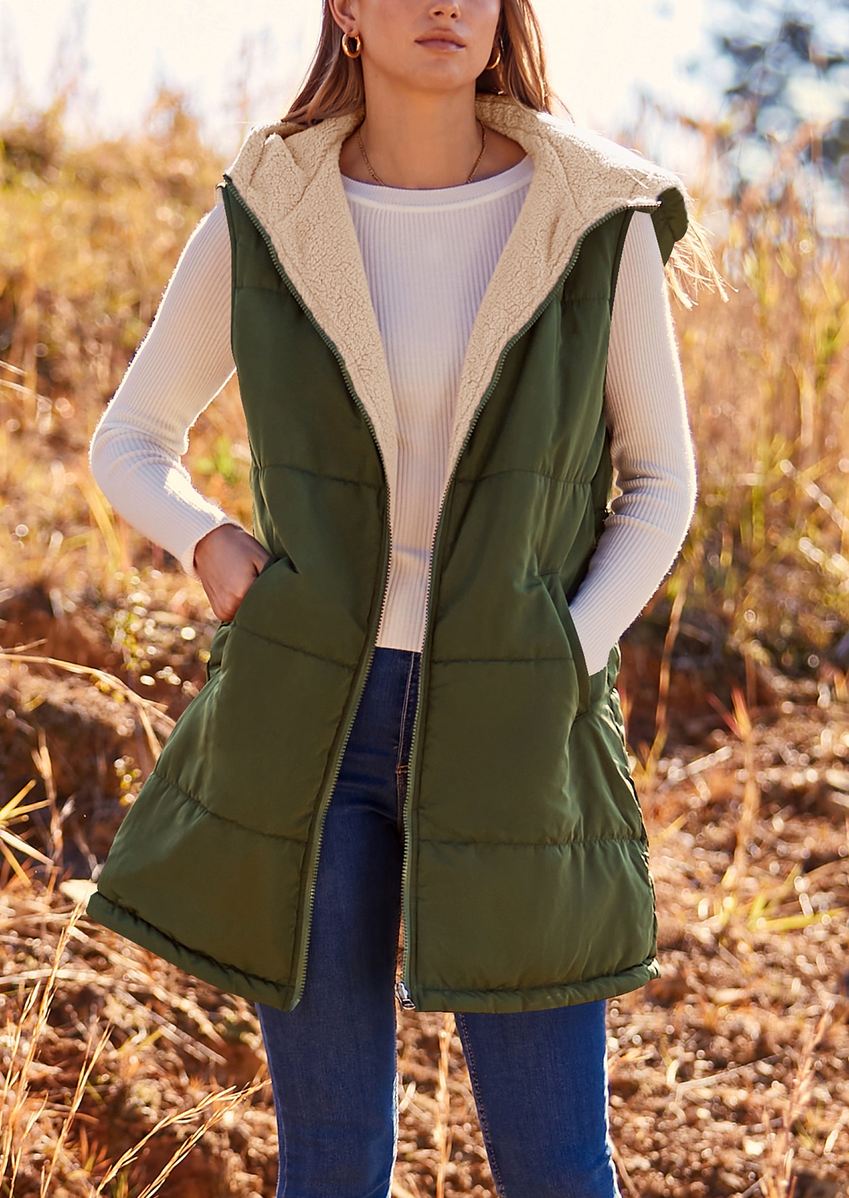 PRETTYGARDEN Womens Fall Reversible Vests Sleeveless Fleece Jacket Zip Up Hoodie Pockets Long Warm Winter Coat Outerwear