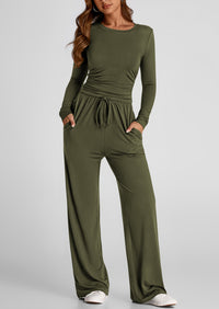 Long Sleeve Crop Tee Wide Leg Pants Two Piece Sets