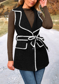 Tweed Sleeveless Lapel Button Front Belt Color Block Vest Jackets