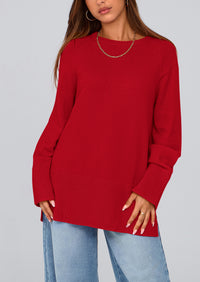 Knit Long Sleeve Crew Neck Split Hem Loose Oversized Tunic Sweaters