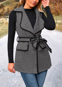 Tweed Sleeveless Lapel Button Front Belt Color Block Vest Jackets