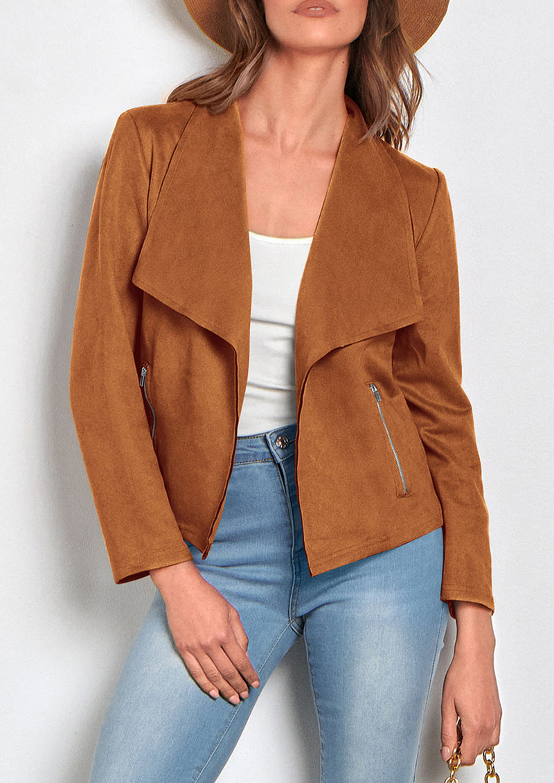 PRETTYGARDEN Women's Faux Suede Jackets Fashion Fall Clothes Long Sleeve Open Front Cropped Coat Outwear