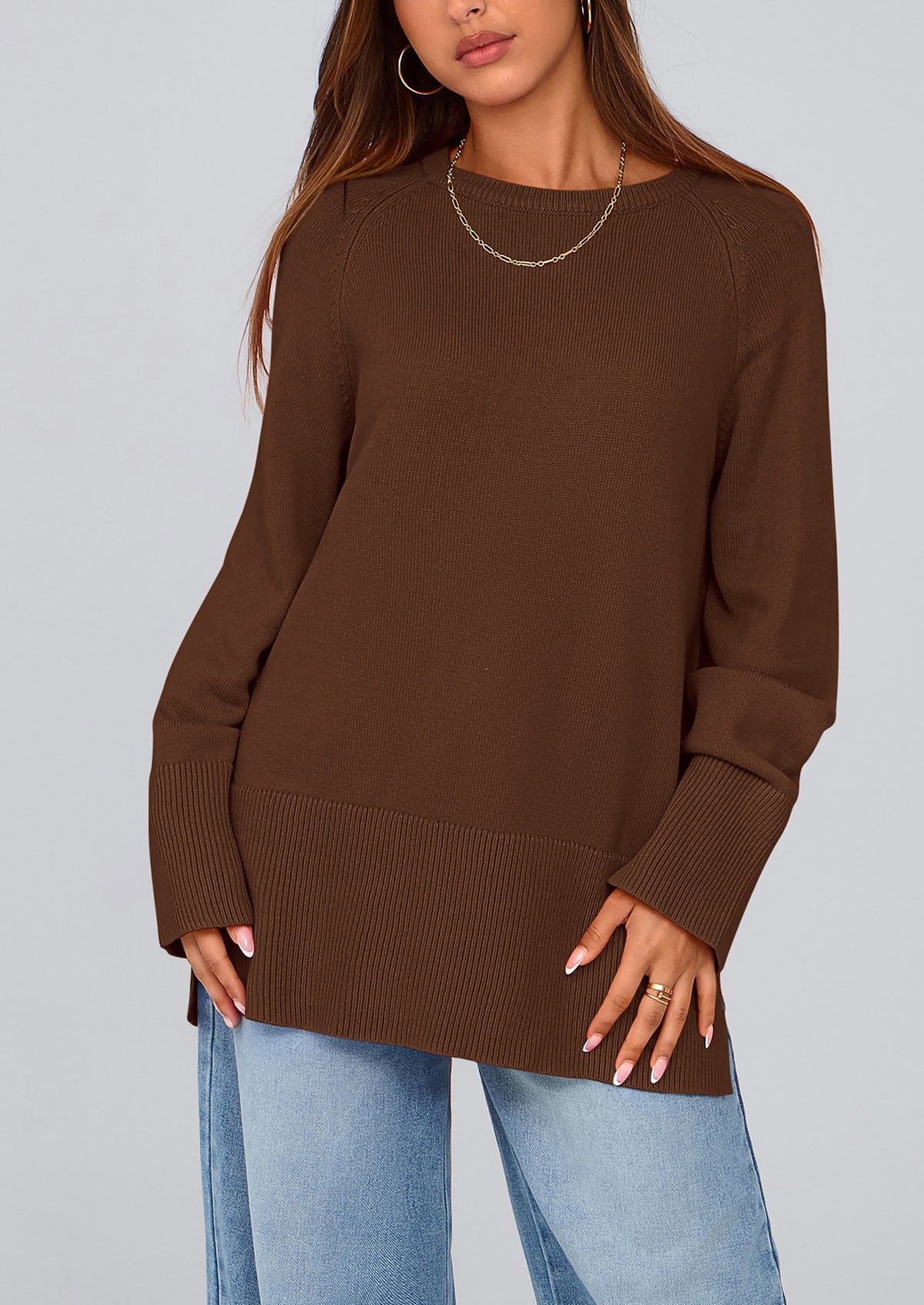 Knit Long Sleeve Crew Neck Split Hem Loose Oversized Tunic Sweaters