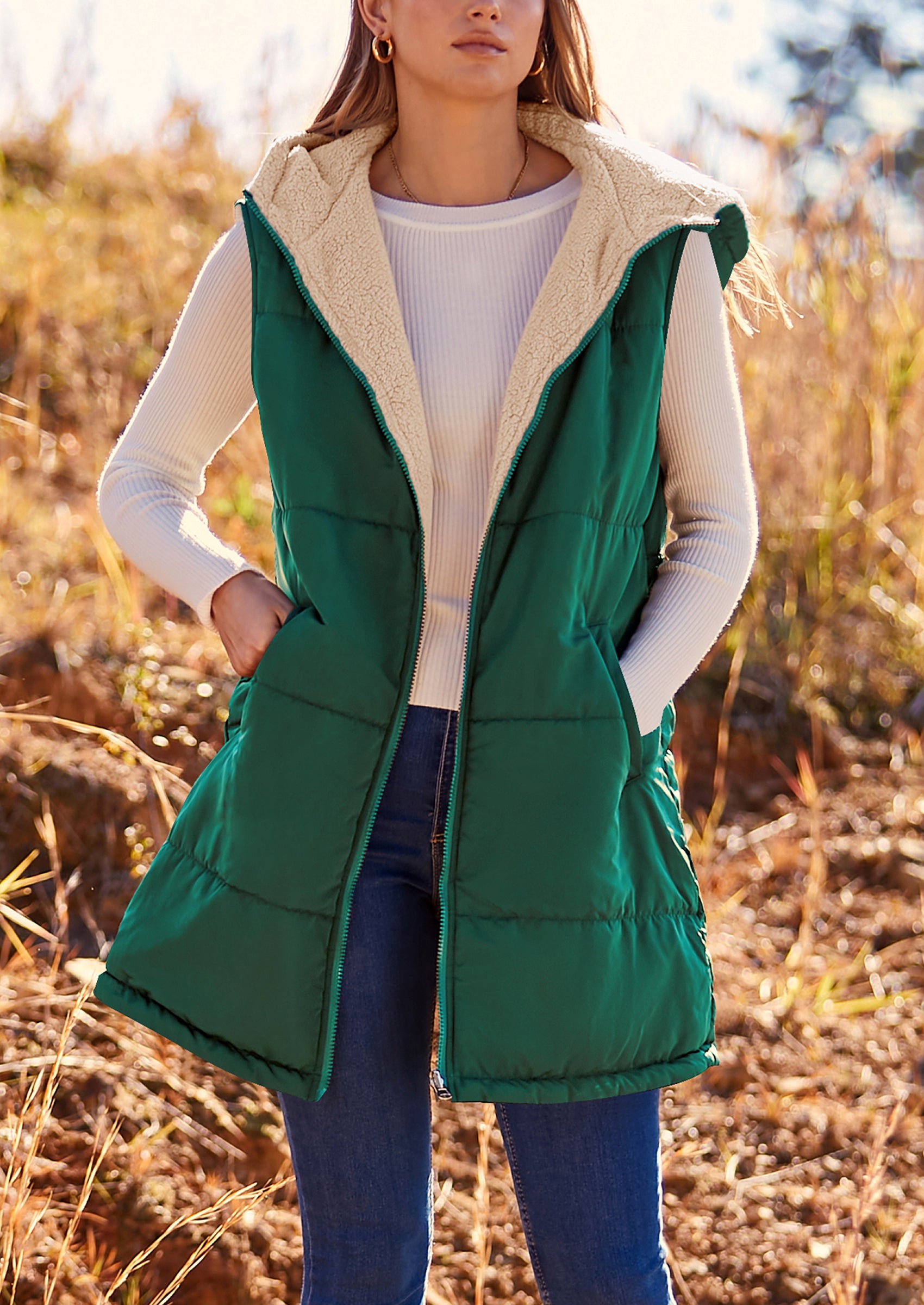 PRETTYGARDEN Womens Fall Reversible Vests Sleeveless Fleece Jacket Zip Up Hoodie Pockets Long Warm Winter Coat Outerwear
