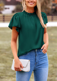 Satin Dressy Casual Ruffle Short Sleeve Crew Neck Work Party Blouses