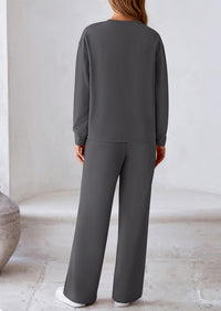 Casual Long Sleeve Pullover Tops and Wide Leg Pants Knitted Two Piece Sets