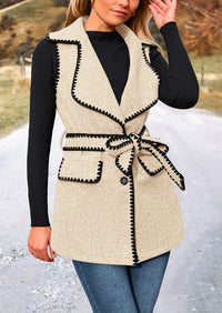 Tweed Sleeveless Lapel Button Front Belt Color Block Vest Jackets