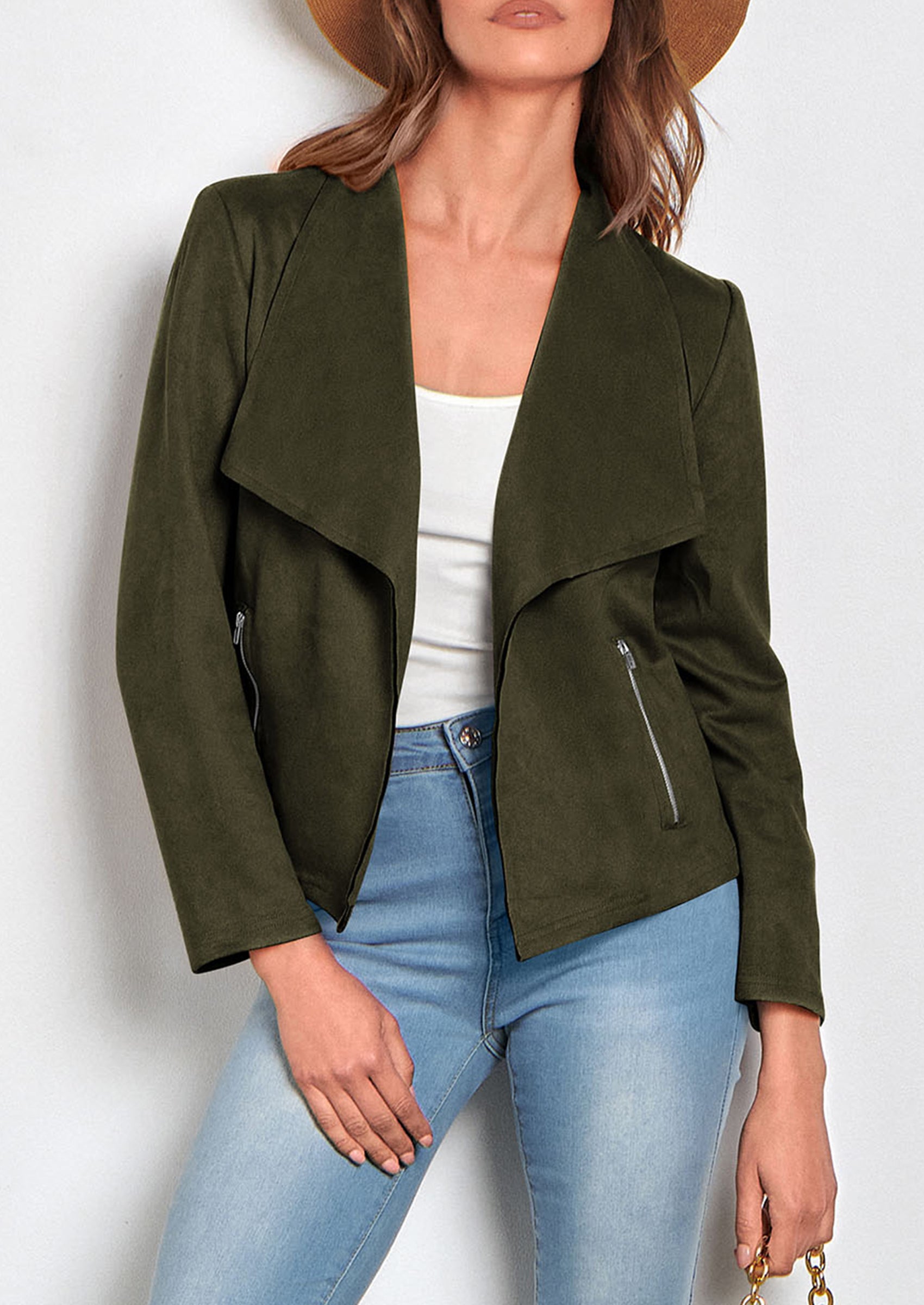 PRETTYGARDEN Women's Faux Suede Jackets Fashion Fall Clothes Long Sleeve Open Front Cropped Coat Outwear