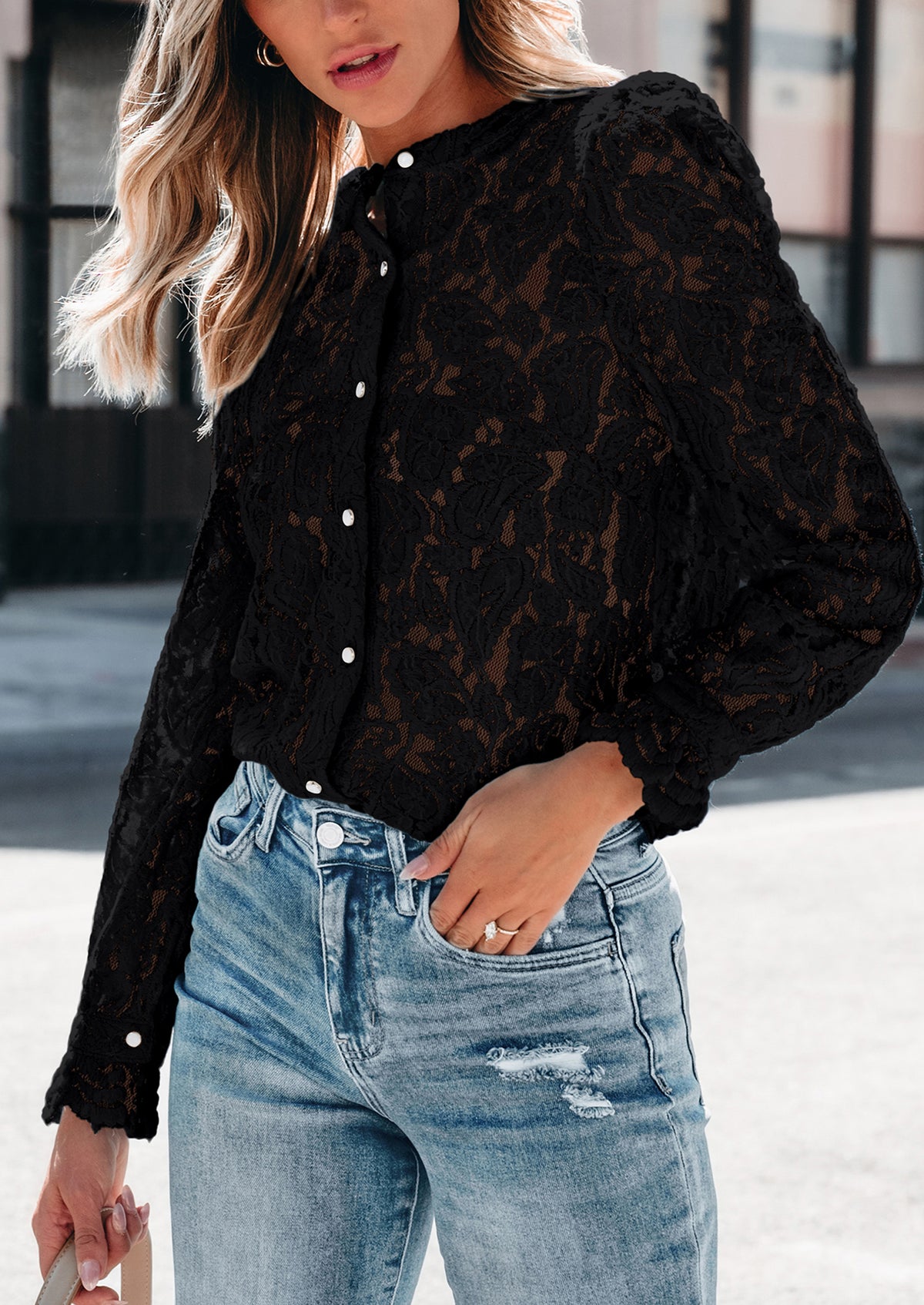 Lace Casual Long Sleeve Button Up Blouses