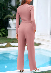 Long Sleeve Crop Top Wide Leg Palazzo Pants Two Piece Sets