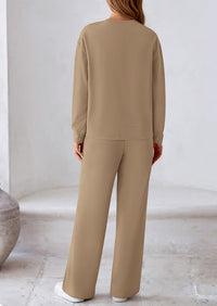 Casual Long Sleeve Pullover Tops and Wide Leg Pants Knitted Two Piece Sets