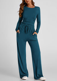 Long Sleeve Crop Tee Wide Leg Pants Two Piece Sets